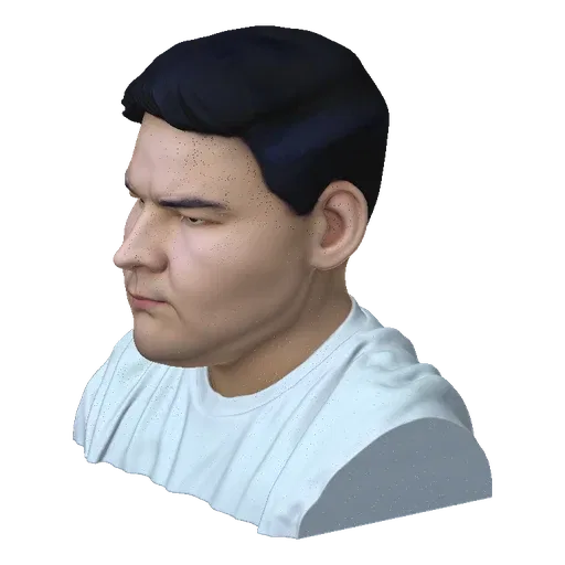 Modello 3D di un giovane uomo con capelli scuri, indossa una t-shirt bianca, guarda in basso con espressione pensierosa.