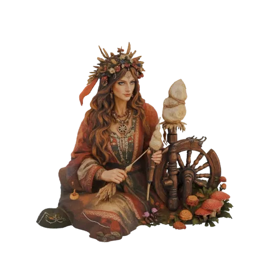 3D model of a Slavic woman in traditional dress, sitting and spinning wool on a wooden wheel, surrounded by flowers and mushr