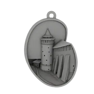 3D model render of a pendant featuring a detailed diorama of a medieval tower and wall section.