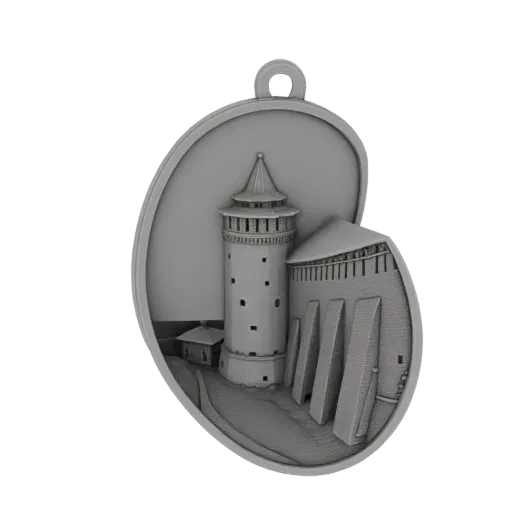 3D model render of a pendant featuring a detailed diorama of a medieval tower and wall section.