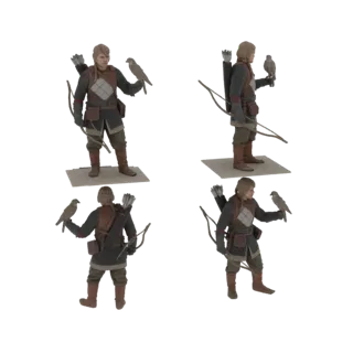 3D model of a medieval archer with a bow and quiver, holding a falcon on his arm, presented from multiple angles.