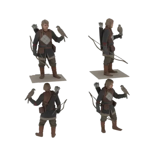 3D model of a medieval archer with a bow and quiver, holding a falcon on his arm, presented from multiple angles.