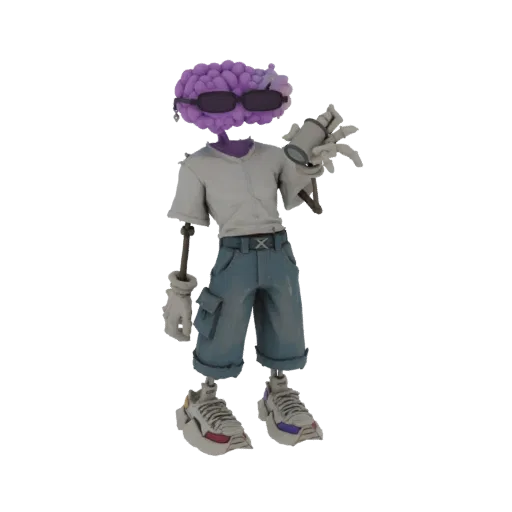 3D model of a cartoonish character with a purple brain head, sunglasses, white t-shirt, blue shorts, and holding a spray can.