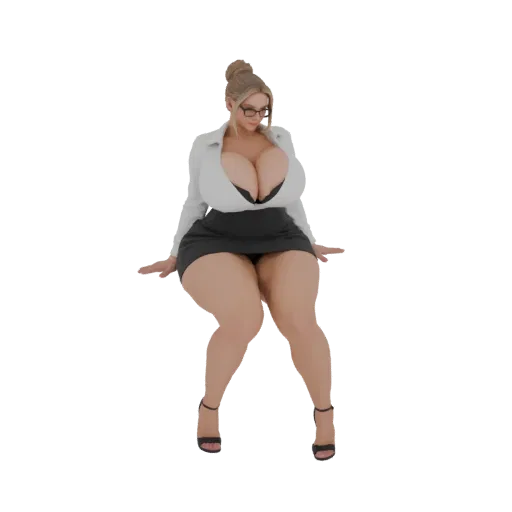 A 3D render of a curvy businesswoman wearing a black skirt and white blouse, with glasses and hair in an updo, posing dynamic