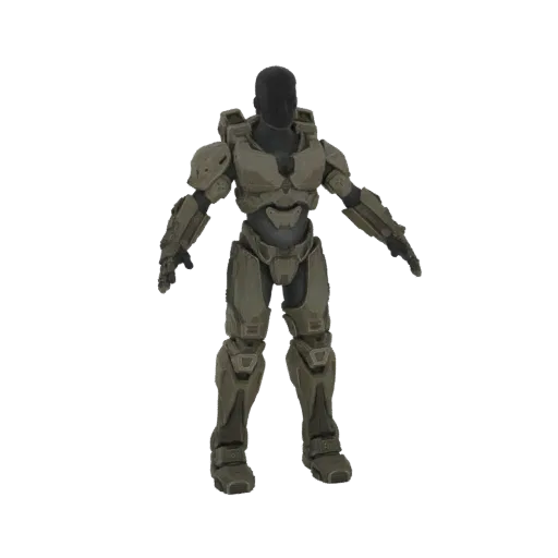 3D model of the Mark IV Mjolnir armor, a futuristic military suit with segmented plating and a dark helmet.