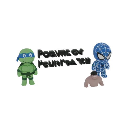 Prévia do modelo 3D de Leonardo, Homem-Aranha e Hulk chibi juntos, com o texto 'POWER OF YOUR BRAIN' ao fundo.