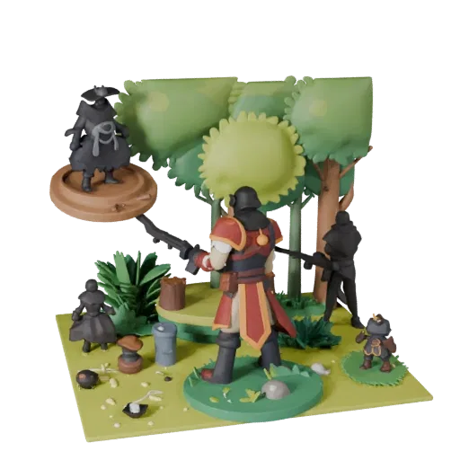 Forest Miniature Scene stylized 3D model preview showing layered parts, three-quarter game view, depth and display scale