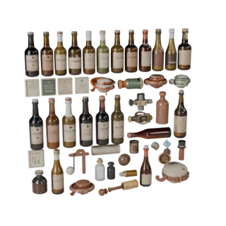 Modello 3D realistico Gruppo Bottiglie Mercato, rendering da studio a tre quarti, che mostra cartoncini, piccole forme leggib