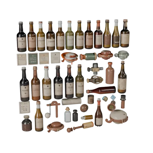 Market Bottle Group Realistic 3D model, three-quarter studio render, showing paper-like cards, small readable forms.