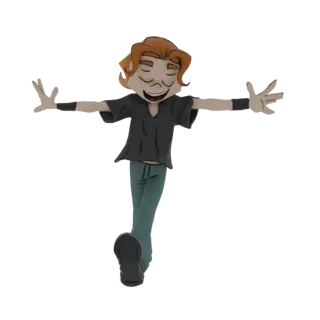 Modelo 3D de um jovem alegre com cabelo castanho avermelhado, olhos fechados, sorrindo e com os braços estendidos em uma pose