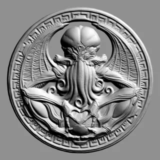 Modelo 3D de baixo relevo com imagem de Cthulhu no centro de um medalhão redondo com ornamento na borda