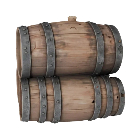 Modelo 3D realista de Barril Pirata, render de estudio a tres cuartos, mostrando tablones de madera, masa apilable.
