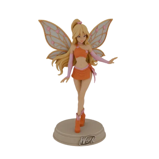 3D model of Fairy Princess Bloom from Winx Club, wearing an orange outfit and pink arm warmers, with large translucent wings
