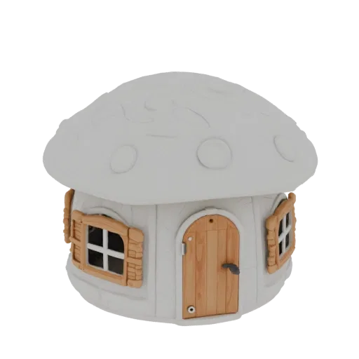 Modèle 3D de maison champignon féerique avec porte en bois et fenêtres à volets, style modelage manuel.