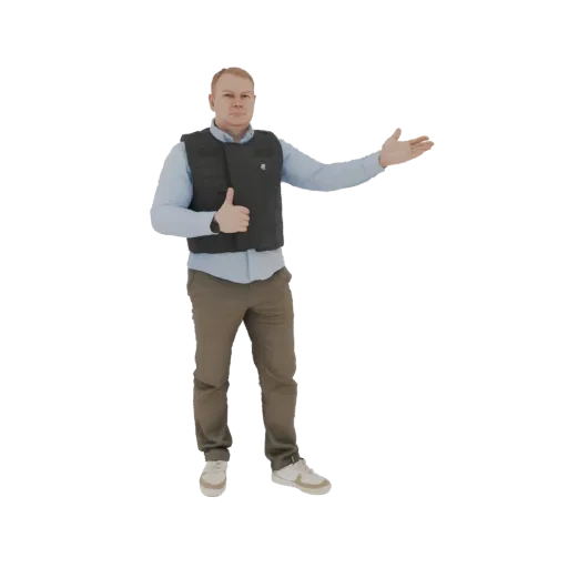 3D-Modell eines Mannes in blauem Hemd und dunkler Weste, der Daumen hoch zeigt und mit der anderen Hand gestikuliert.