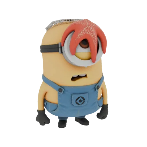 Modelo 3D de um personagem Minion amarelo usando uma estrela do mar vermelha como chapéu, com expressão de surpresa.