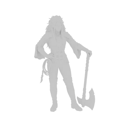 3D-Modell einer Fantasy-Kriegerin mit langen Haaren, in robuster Kleidung, die eine große Axt hält, selbstbewusst posierend.