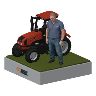3D model of a red tractor and a farmer figurine on a green grass base with a white plinth.