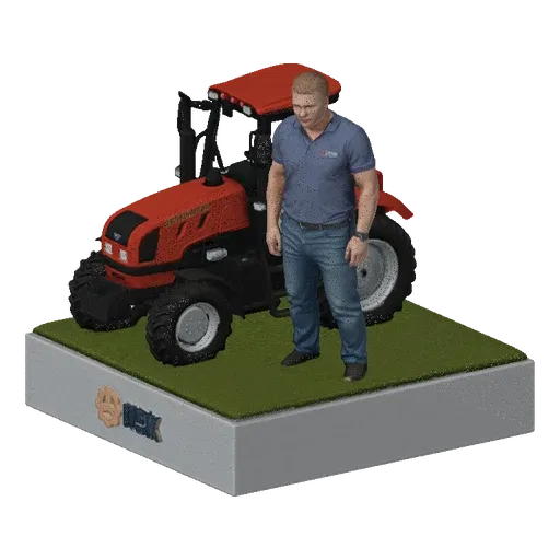 3D model of a red tractor and a farmer figurine on a green grass base with a white plinth.