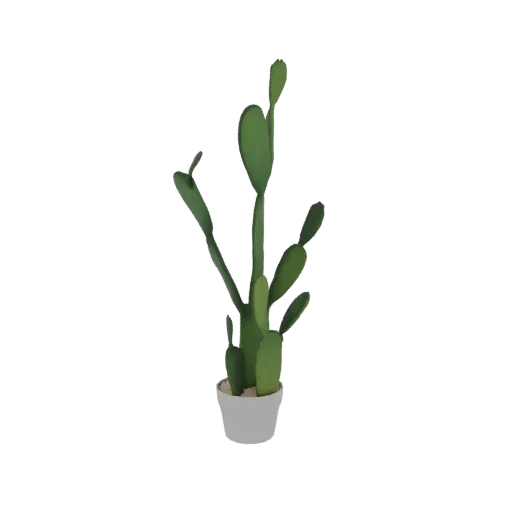 3D model of a green Opuntia cactus plant in a white pot, against a white background.
