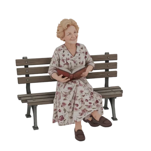 3D model of a smiling elderly woman with blonde hair, wearing a floral dress and loafers, sitting on a wooden park bench and