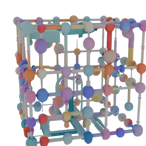 Organic Crystal Lattice 3D model, side profile view, technical viewport render, showing colored spheres, form detail.