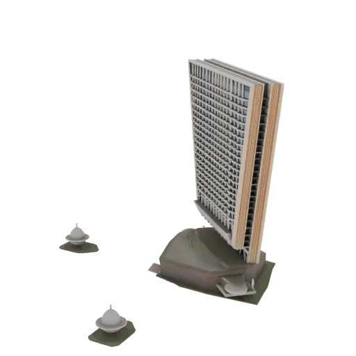 Modelo 3D de um edifício moderno de grande altura com base texturizada, visto de um ângulo ligeiramente elevado.