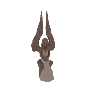 Renderização de modelo 3D de um anjo sentado com grandes asas estendidas, vestindo uma túnica fluida, descansando sobre um pe