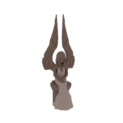 Renderizado de modelo 3D de un ángel sentado con alas grandes y extendidas, vistiendo una túnica fluida, descansando sobre un