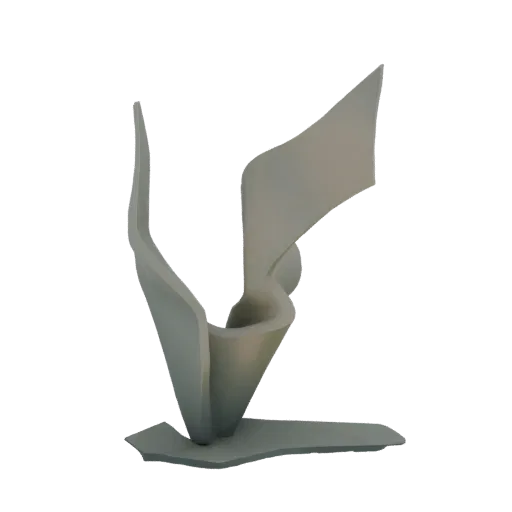 A 3D render of an abstract sculptural form with smooth, flowing curves and a matte, light gray finish, set against a black ba