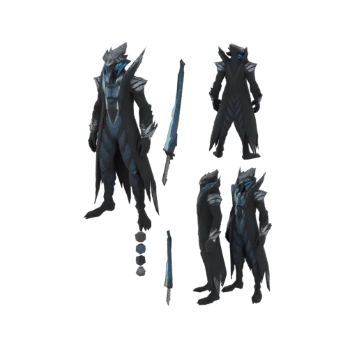 3D model of a dark futuristic warrior with blue accents and a frosty blade, shown from multiple angles.