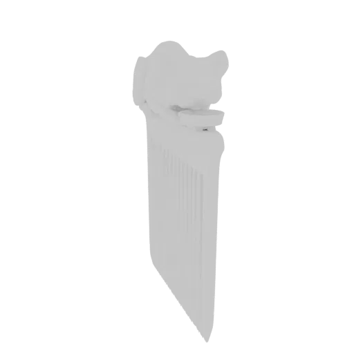 3D-Modell-Render eines weißen Kamms mit einem skulpturalen Katzenkopfgriff, vor weißem Hintergrund.