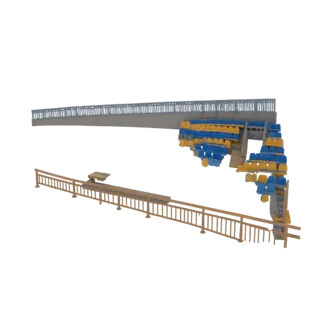 Modelo 3D de una pasarela elevada moderna con asientos de estadio en azul y amarillo, visto desde un ángulo bajo.