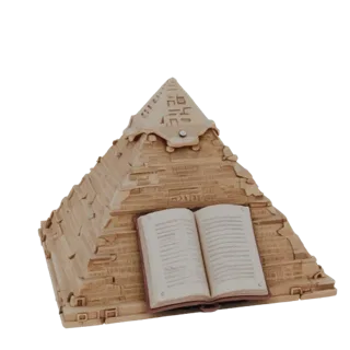 3D model of an Egyptian pyramid with an open book on its facade, rendered in sandy tones.