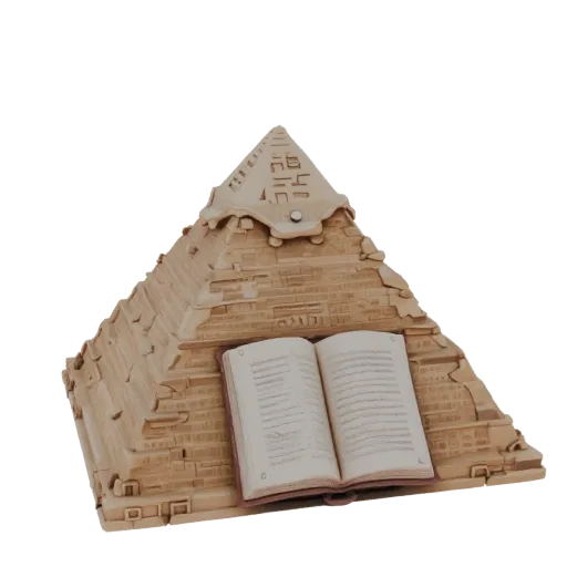 3D-Modell einer ägyptischen Pyramide mit einem offenen Buch an ihrer Fassade, in Sandtönen gehalten.