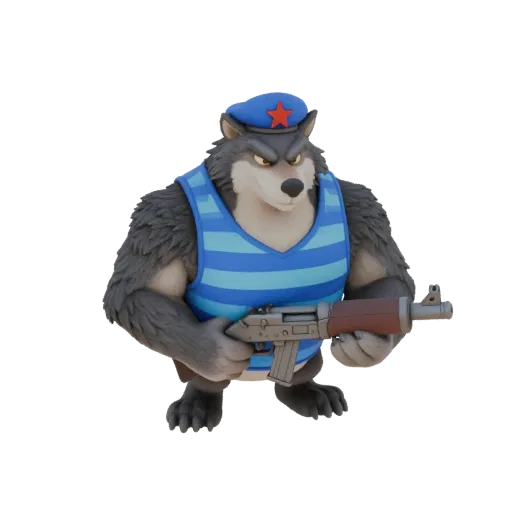 3D model of a wolf paratrooper in telnyashka and beret with machine gun, standing in combat pose