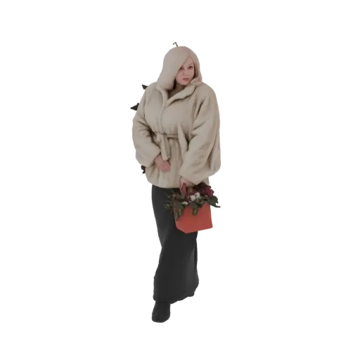 3D model of a woman with blonde hair wearing a cream fur coat and a long black skirt, holding a red bag with red roses.
