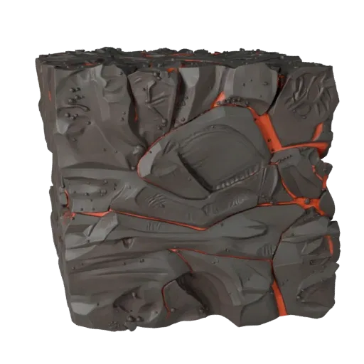 Volcanic Lava Field Chunk Low Poly 3D model, game viewport three-quarter view, showing layered soil, terrain detail.