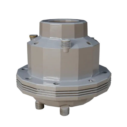 Machined Pipe Flange Low Poly 3D model, game viewport three-quarter view, showing machined metal, precise part geometry.