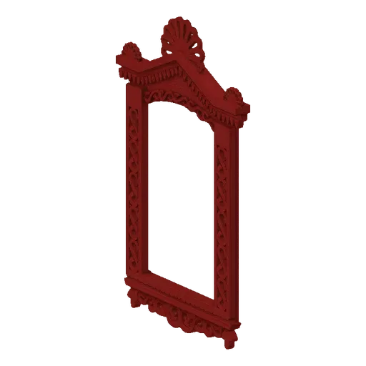 3D model of a red, ornately carved wooden window frame with a decorative fan-shaped top, set against a black background.