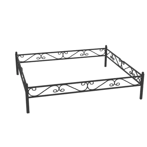 3D model of an ornate metal gazebo frame with intricate scrollwork, presented against a black background.