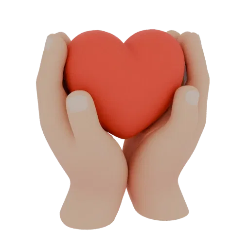 3D model of two kind hands gently holding a red heart, on a white background.