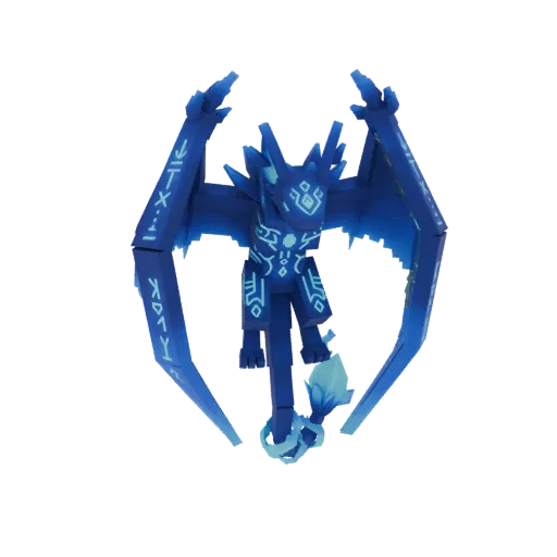 A 3D render of a blue crystal dragon with glowing cyan runes and icy wings, posed dynamically.