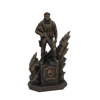 3D model render of a bronze soldier statue with a rifle, unit emblem, and mountain base, presented on a white background.