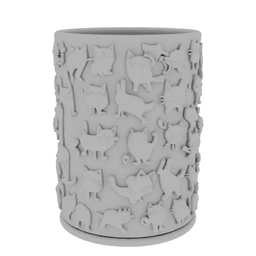 A 3D model of a white cylinder covered in embossed playful cat silhouettes in various poses.