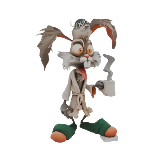 3D model of a disheveled rabbit wearing a bathrobe and slippers, holding a steaming coffee mug, with a sleepy expression.