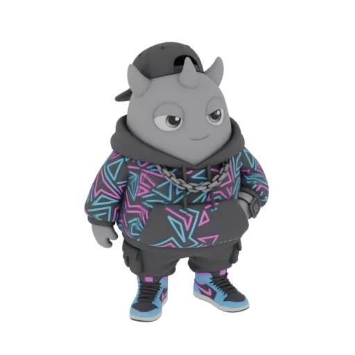 Modello 3D di un personaggio mostro grigio cool con felpa geometrica, cappellino all'indietro e sneakers, con le mani in tasc