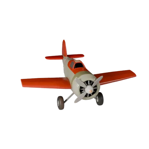 Modèle 3D d'avion de chasse vintage cartoon, vue studio trois-quarts, atout de véhicule stylisé avec équilibre des ailes, lis