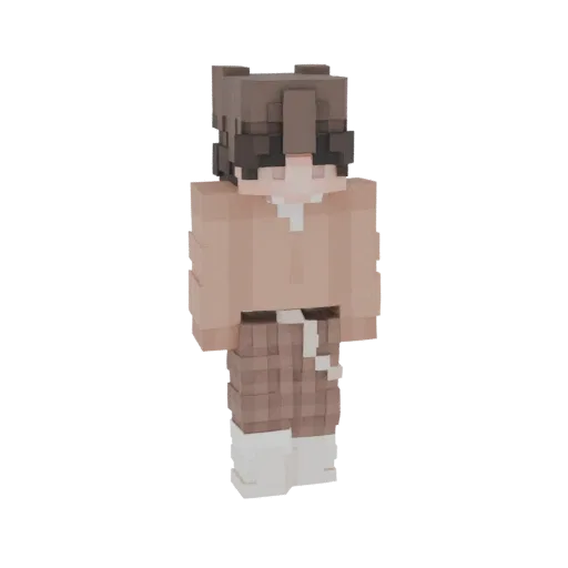 3D model of a character skin with a brown plaid pattern on the pants and a tan hoodie, wearing white socks.