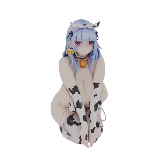 3D model of a cute anime cow girl with blue hair, wearing a bell collar and cow-print arm/leg warmers, in a seated pose.
